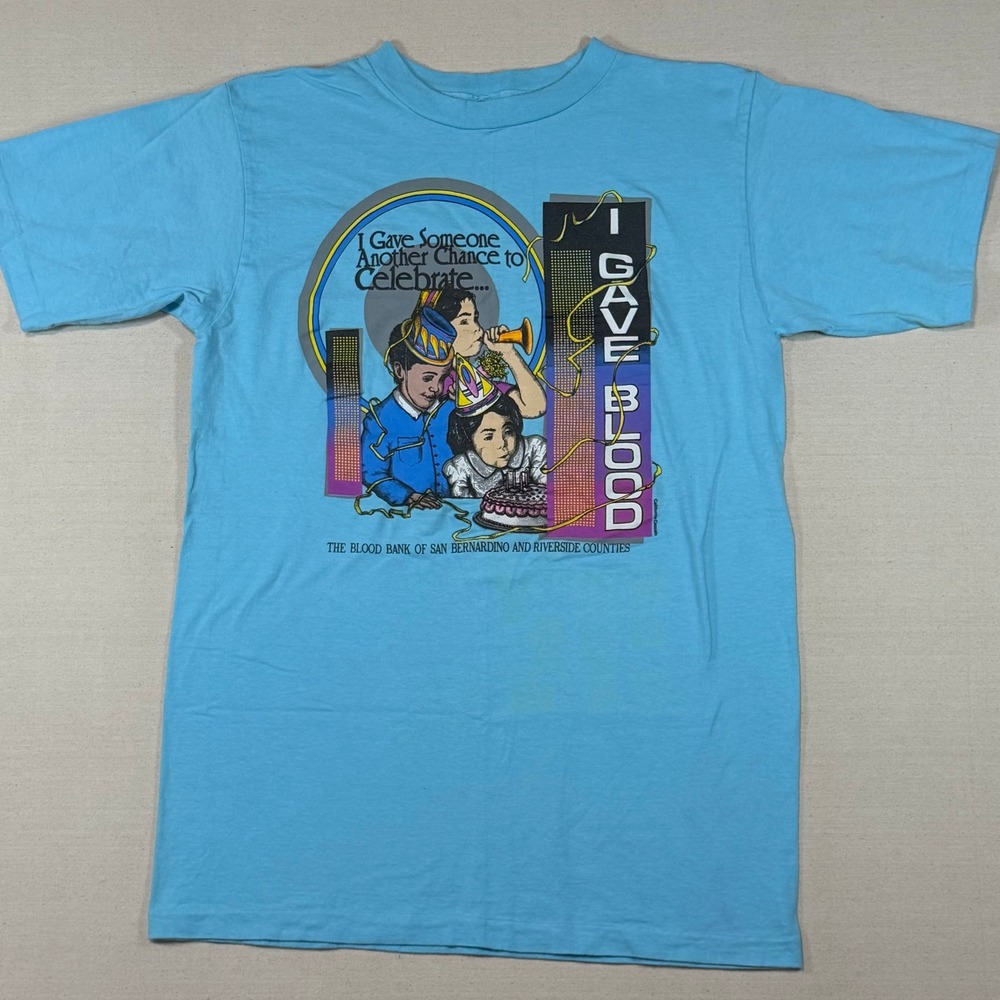 Vintage I Gave Blood T Shirt Large Blue Single Stitch San Bernardino USA Made